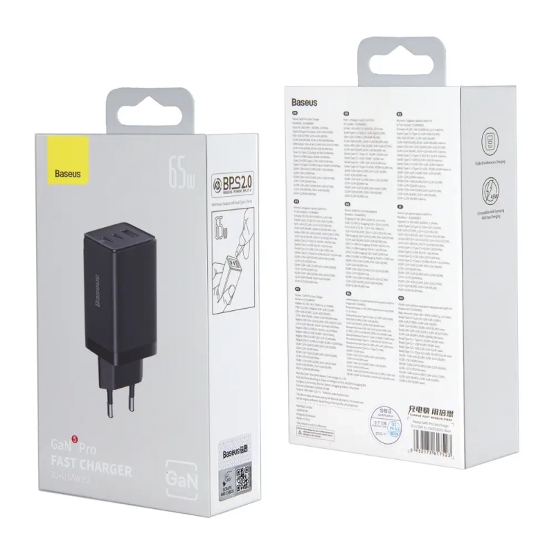 Сетевое зарядное устройство с кабелем Type-C-Type-C+2 PD65W+USB QC3.0 GaN CCGP120201 Baseus черный