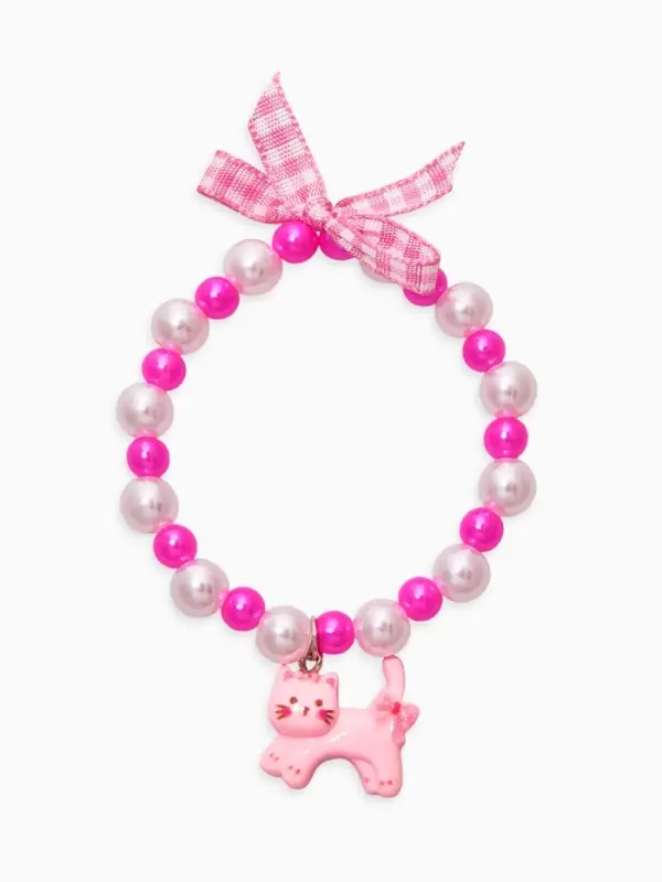 Браслет детский "Выбражулька" котик, бант, жемчуг, цвет бело-розовый