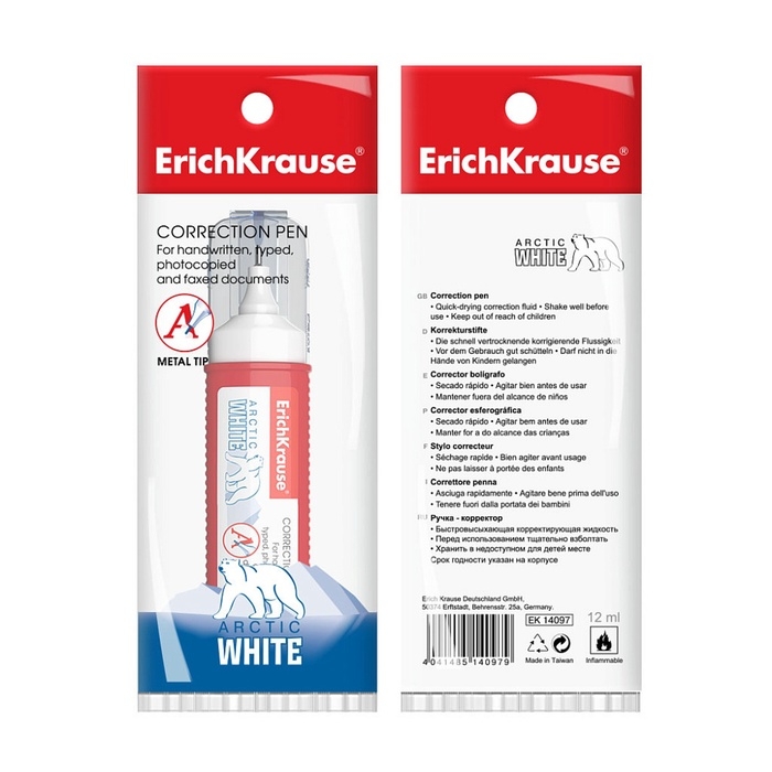 Ручка-корректор ErichKrause Arctic White, 12 мл, с металлическим наконечником, в пакетике