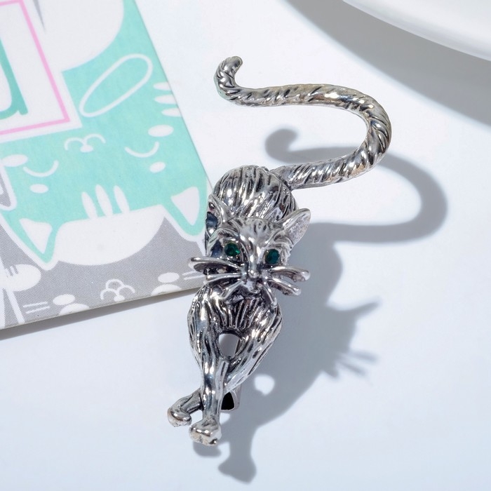 Брошь &laquo;Кошка грациозная&raquo;, цвет зелёный в чернёном серебре