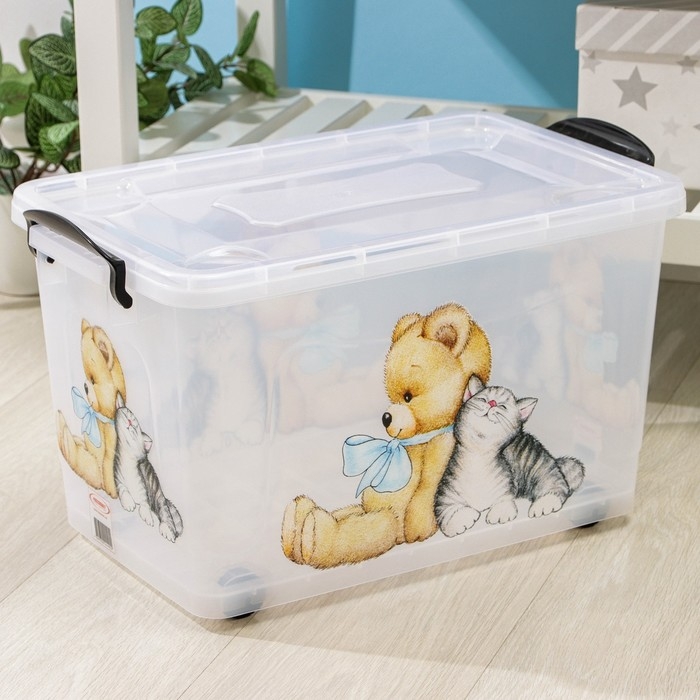Контейнер для хранения &laquo;Мишка и котёнок&raquo;, 35 л, 50,5&times;31,5&times;28 см, на колёсиках, прозрачный