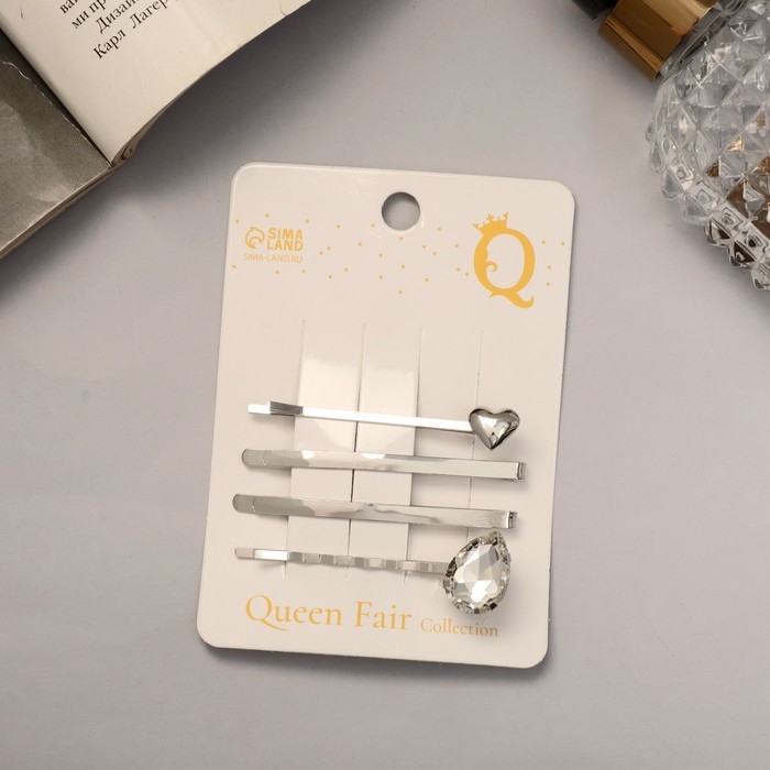 Невидимка для волос "Амелия" (набор 4 шт) сердце, 6 см, серебро