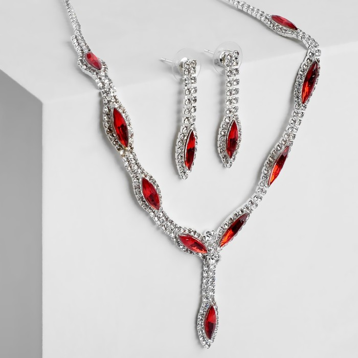 Набор 2 предмета: серьги, колье &laquo;Листопад&raquo; тонкий ромб, цвет красно-белый в серебре, 45 см