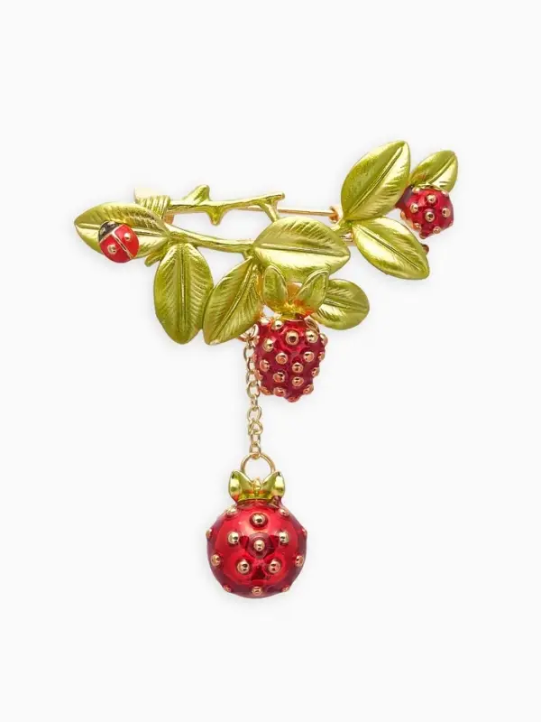 Брошь "Малина" с божьей коровкой, зелёно-красная в золоте