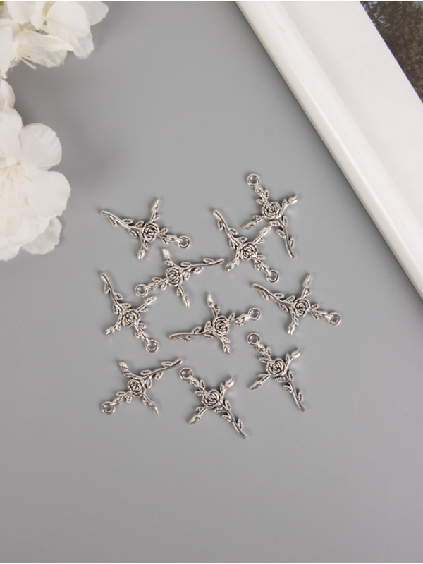Декор для творчества металл "Роза и крест" серебро набор 10 шт 3,4х2,3х0,2 см