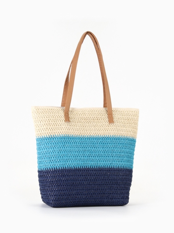 Сумка пляжная Полосы, 47*12*35, отд на молнии, подкладка, беж/синий