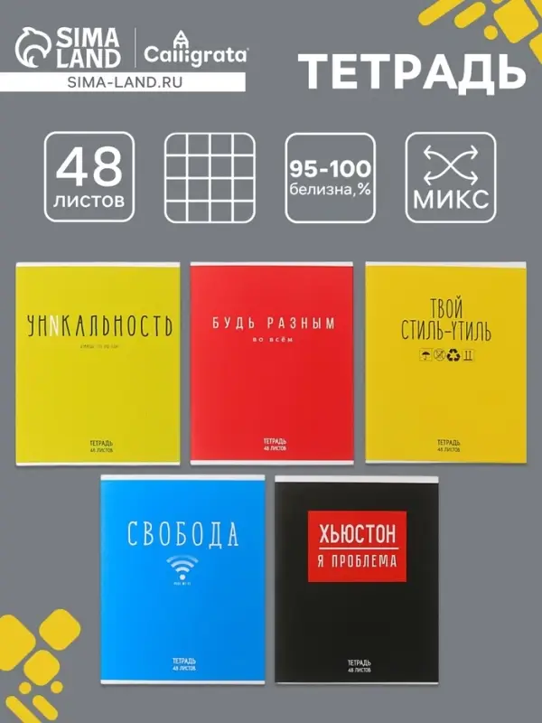 Тетрадь 48 листов в клетку Calligrata &laquo;Надпись&raquo;, обложка мелованный картон, блок офсет, МИКС