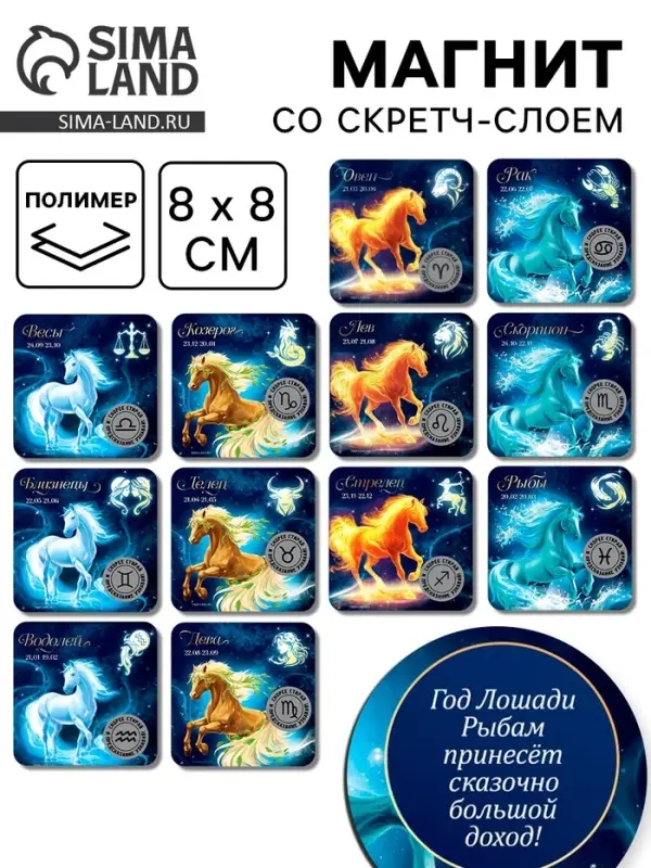 Магнит новогодний на холодильник &laquo;Гороскоп&raquo;, микс 12 шт, 8 х 8 см