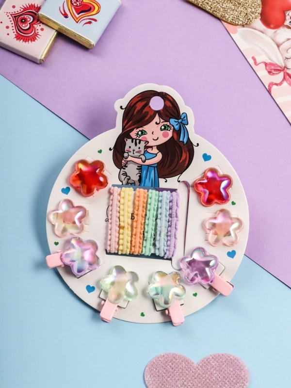 Набор для волос "Аделия" (10 резинок 3 см, 4 зажима 3 см) цветок, розовый