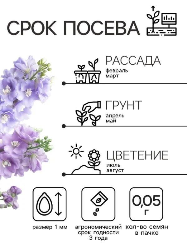 Семена цветов Дельфиниум "Джиневер культурный", ц/п,  0,05 г