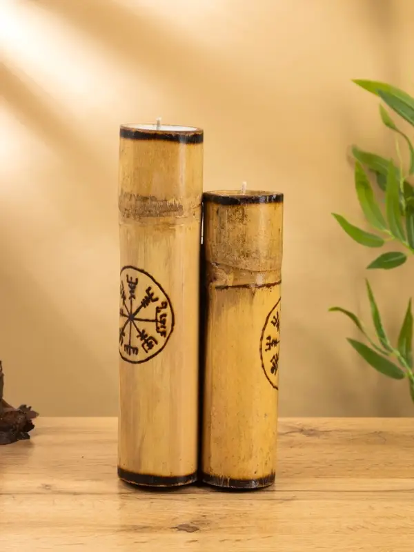 Свеча в бамбуке тройная &laquo;Руны&raquo;, 13&times;14&times;30 см, 100 мл, бежевая