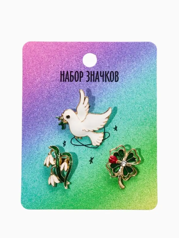 Броши "Голубь, клевер, подснежник" (набор 3шт), цветной в золоте