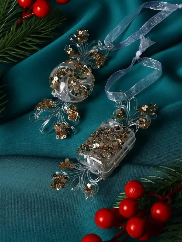 Украшение ёлочное "Праздник" (набор 2 шт) 10,5х4 см, прозрачно-золотой