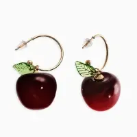 Серьги-кольца "Черешня с листочком", цвет бордовый в золоте