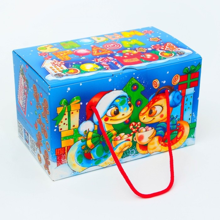 Новый год. Подарочная коробка Новогодняя Посылка "Змеята" с веревочными ручками с анимацией 20 x12 см.