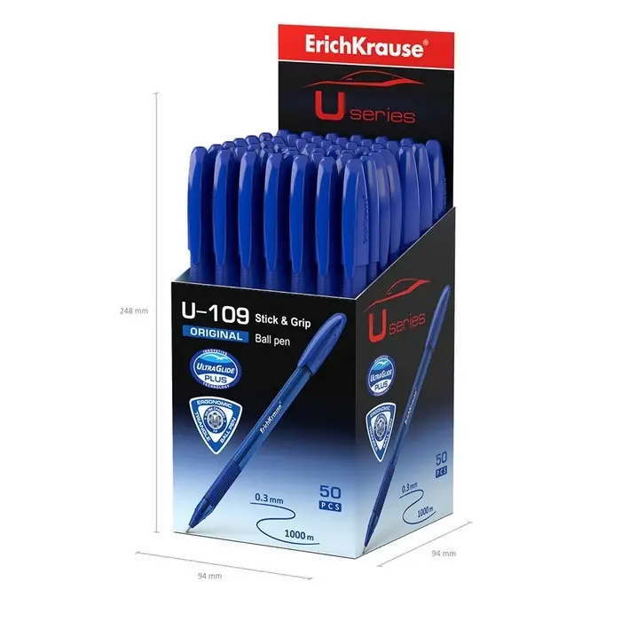 Ручка шариковая ErichKrause U-109 Original Stick&Grip, игольчатый узел 1.0 мм, чернила синие, резиновый держатель, супермягкое письмо