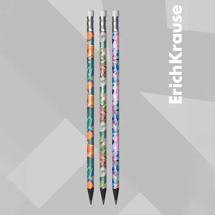 Карандаш чернографитный с ластиком ErichKrause "Flower", HB, грифель d=2.2 мм, пластик, трёхгранный в тубусе, микс