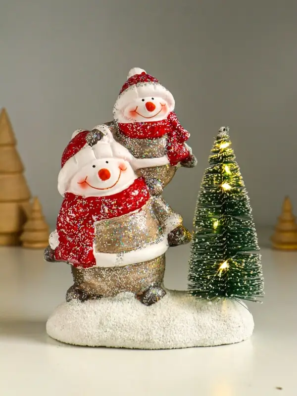 Сувенир керамика свет "Два снеговичка у ёлочки" 12х7,5х15,5 см