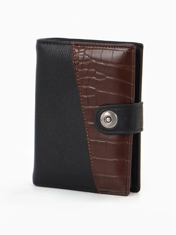 Портмоне мужское на кнопке, 3 в 1, для автодокументов и паспорта, 2 отдела, для карт, для монет, цвет чёрный/кофе