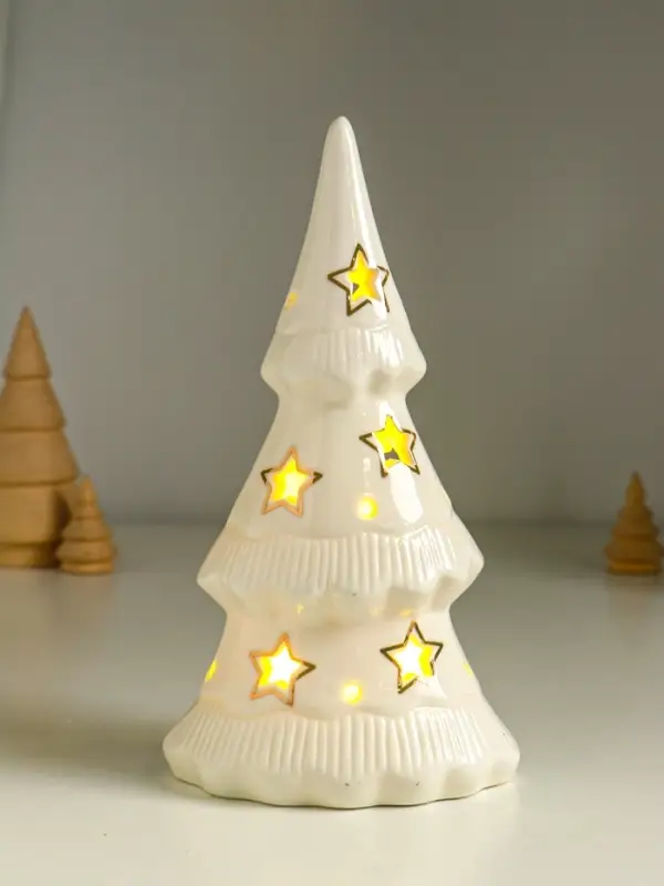 Сувенир керамика свет "Ёлочка и звёзды" белый с золотом 10,7х6,8х20 см