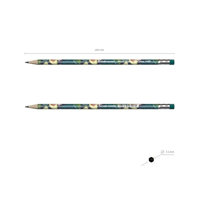 Карандаш чернографитный с ластиком ErichKrause "Avocado", HB, грифель d=2.2 мм, дерево, трeхгранный с принтом, в тубусе, микс