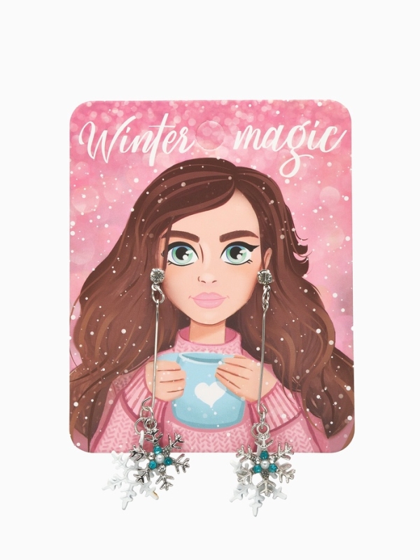 Серьги висячие со стразами &laquo;Новогодние&raquo; две снежинки, цвет бело-голубой в серебре