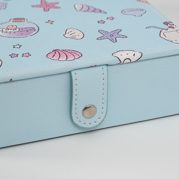 Шкатулка кожзам для украшений с зеркалом "Панда и ракушки" голубая 15х21,5х5,5 см