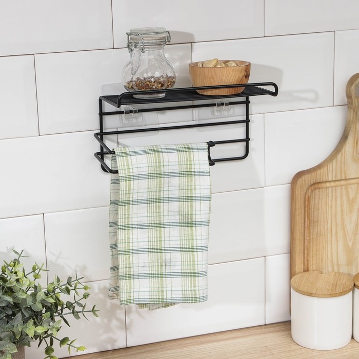 Полка на липучке Доляна, с держателем для полотенец, 19,5&times;9,5&times;8 см, цвет черный