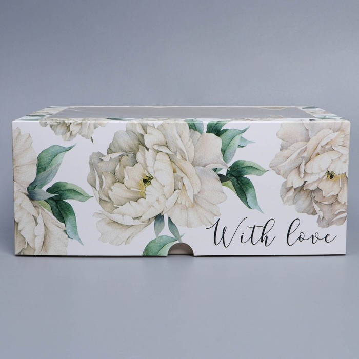 Коробка для капкейков, кондитерская упаковка с окном, 6 ячеек, &laquo;Белые пионы&raquo;, 25 х 17 х 10 см