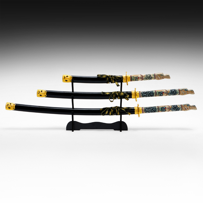 Сув. изделие катаны 3в1 на подставке, ножны дерево, голова дракона полистоун, черн 60/90/108