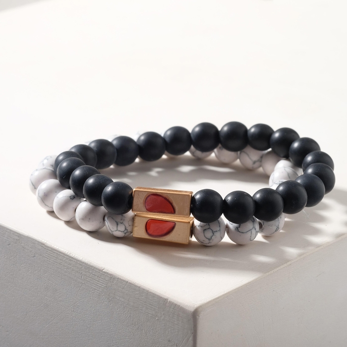 Браслеты &laquo;Неразлучники&raquo; сердце с бусинами, цвет чёрно-белый, шар №8, d=6,5 см