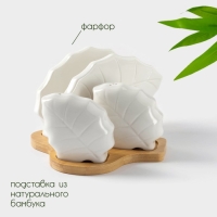 Набор фарфоровый для специй на бамбуковой подставке BellaTenero &laquo;Листья&raquo;, 4 предмета: солонка 120 мл, перечница 120 мл, салфетница, подставка, цвет белый