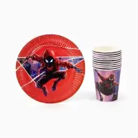 Посуда одноразовая бумажная на 10 персон: стаканы, тарелки, скатерть, Человек Паук