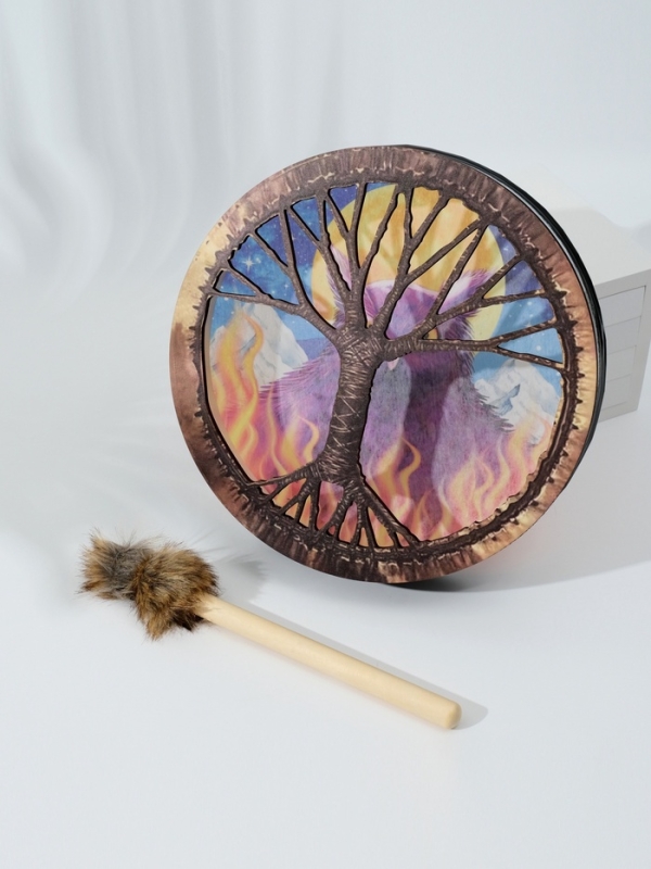 Шаманский бубен "Филин и пламя" с колотушкой 5х25х25 см