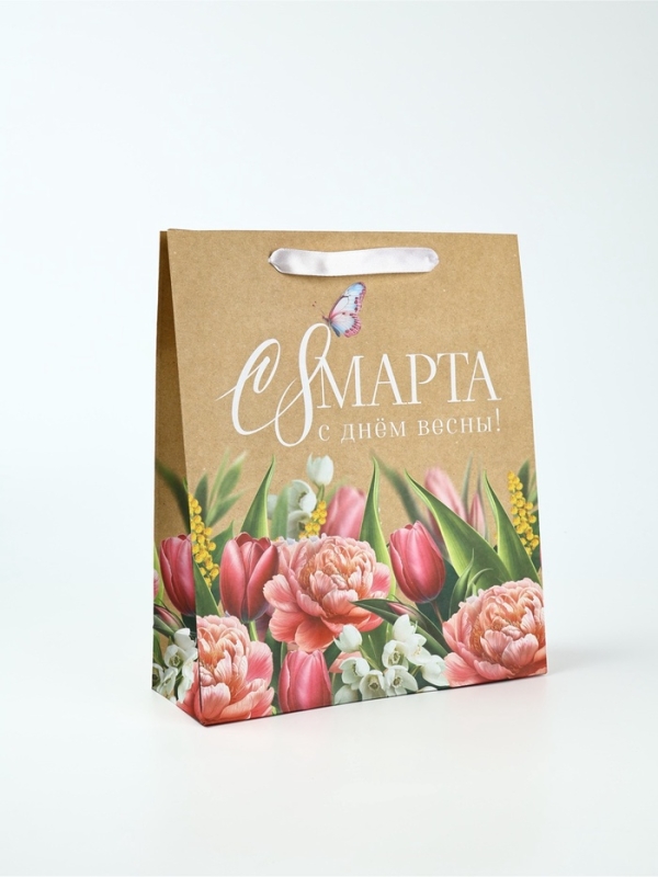Пакет подарочный крафтовый &laquo;8 марта&raquo;, M 25.5 х 9 х 30 см