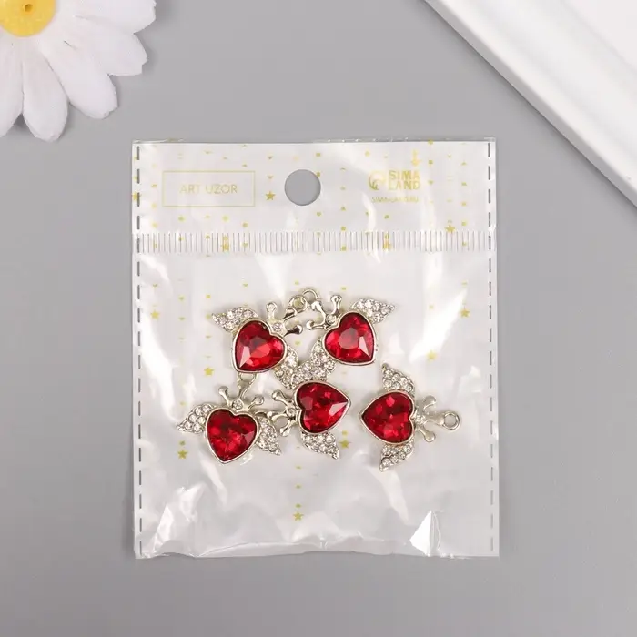 Декор для творчества металл, стразы "Сердце с крыльями" золото 2,2х2,4х0,5 см