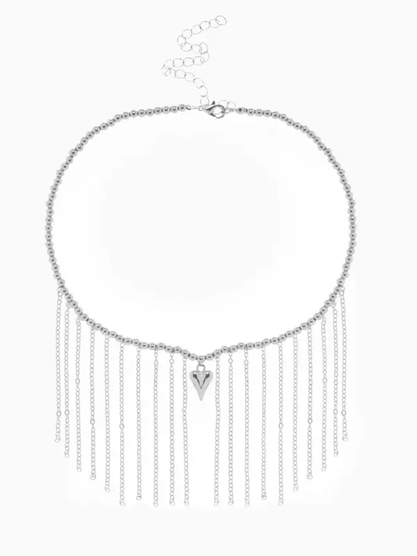 Колье "Сердце" водопад с бусинами, цвет серебро