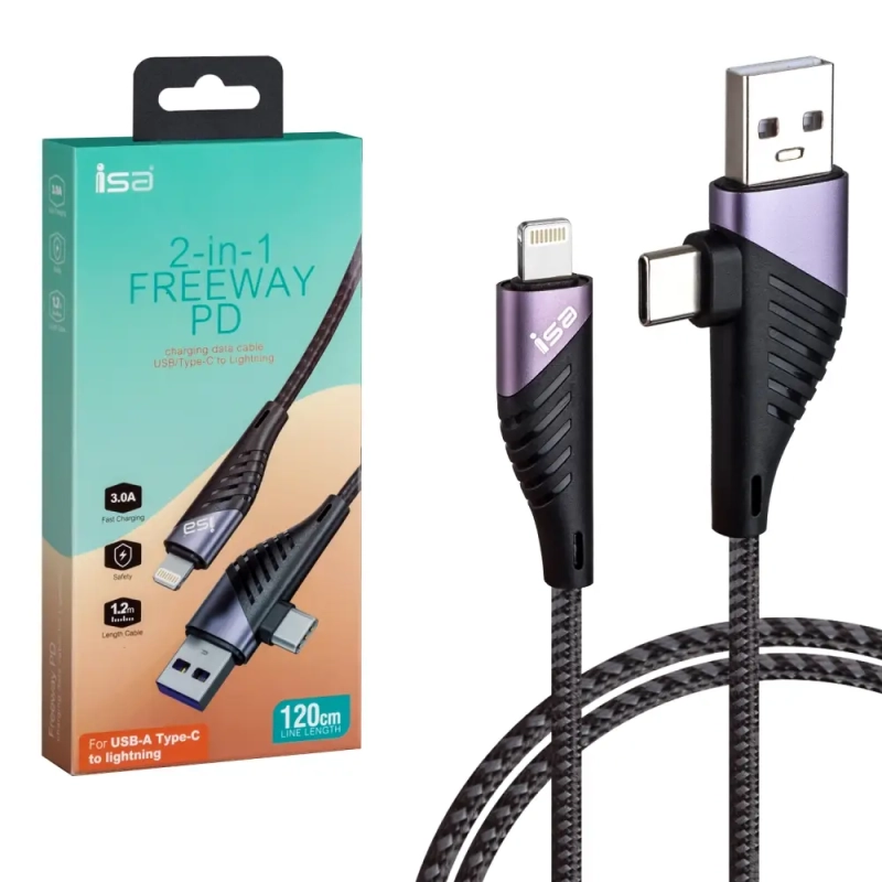 *Кабель 2 в 1 USB/Type-C на Lightning 3А PD Freeway 1.2м ISA U95