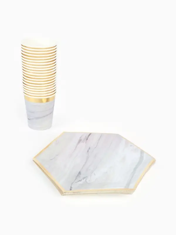 Набор посуды для праздника на 20 персон, мрамор белый (тарелки 23 см, стакан 250 мл)