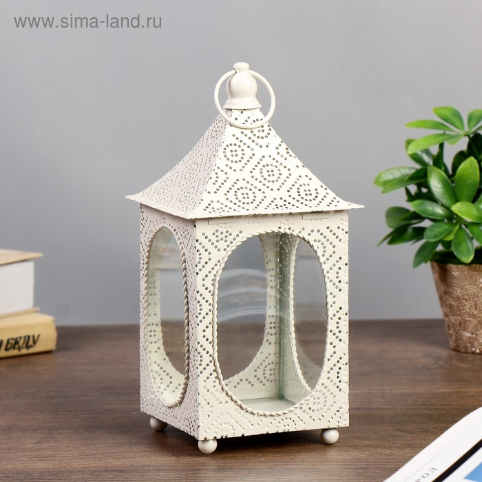 Подсвечник металл, стекло на 1 свечу "Фонарик с овальными окнами" белый 23,5х10,2х11,7 см