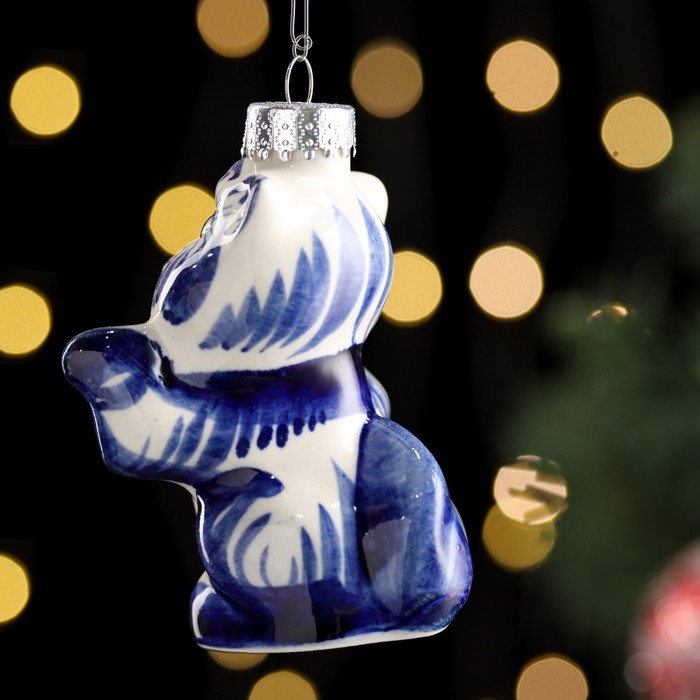 Ёлочная игрушка "Кошка", гжель, фарфор,  h=8см