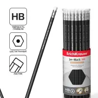 Карандаш чернографитный с ластиком Erich Krause &laquo;Jet Black 101&raquo;, HB, грифель d=2.2 мм, дерево, шестигранный в тубусе, чёрный корпус