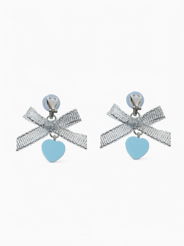 Серьги-клипсы детские "Выбражулька" сердце с бантом и кругом кристалл, цвет голубо-серебристый