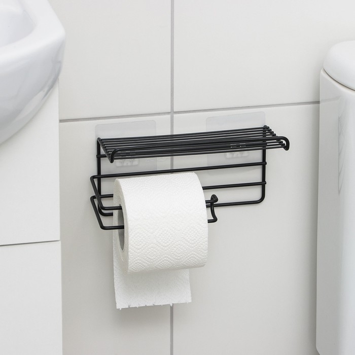 Полка на липучке Доляна, с держателем для полотенец, 19,5&times;9,5&times;8 см, цвет черный