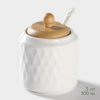 Набор банок фарфоровых для сыпучих продуктов на бамбуковой подставке BellaTenero &laquo;Тюльпан&raquo;, 7 предметов: 3 банки 300 мл, 3 ложки, подставка, керамические, цвет белый