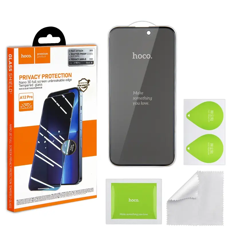 Защитное стекло iPh 15 Pro 3D black (A12 Pro) HOCO Privace усиленые края