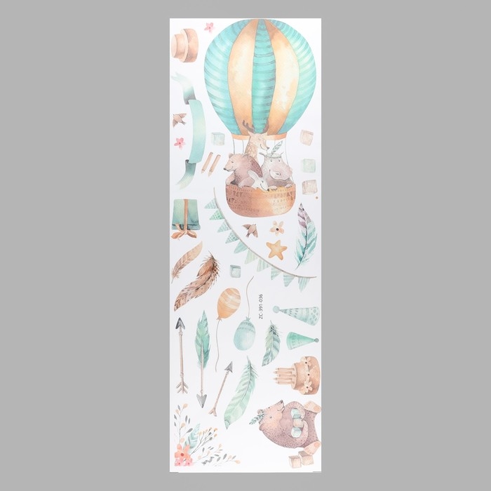 Наклейка пластик интерьерная цветная "Звери на воздушном шаре" 30х90 см