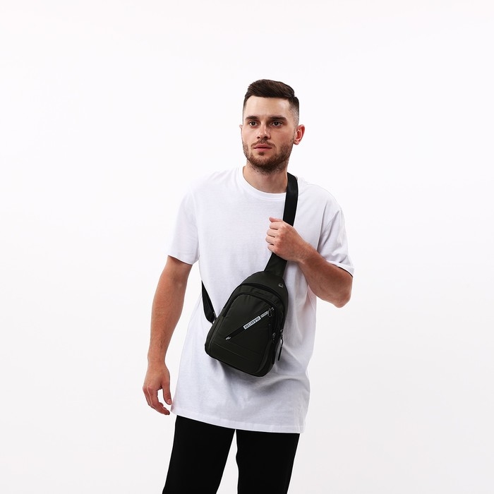 Сумка-слинг мужская из текстиля, отверстие для наушников, цвет зелёный