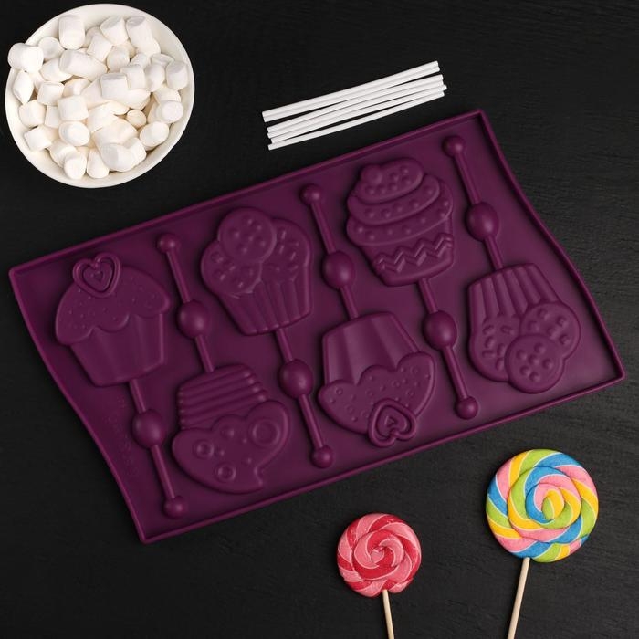 Форма для леденцов Доляна &laquo;Капкейк&raquo;, силикон, 27,5&times;16,5 см, 6 ячеек (6&times;7 см), с палочками, цвет МИКС