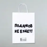 Пакет бумажный подарочный новогодний крафт с приколами, &laquo;Подарков не будет!&raquo;, белый, 28 х 24 х 14 см.